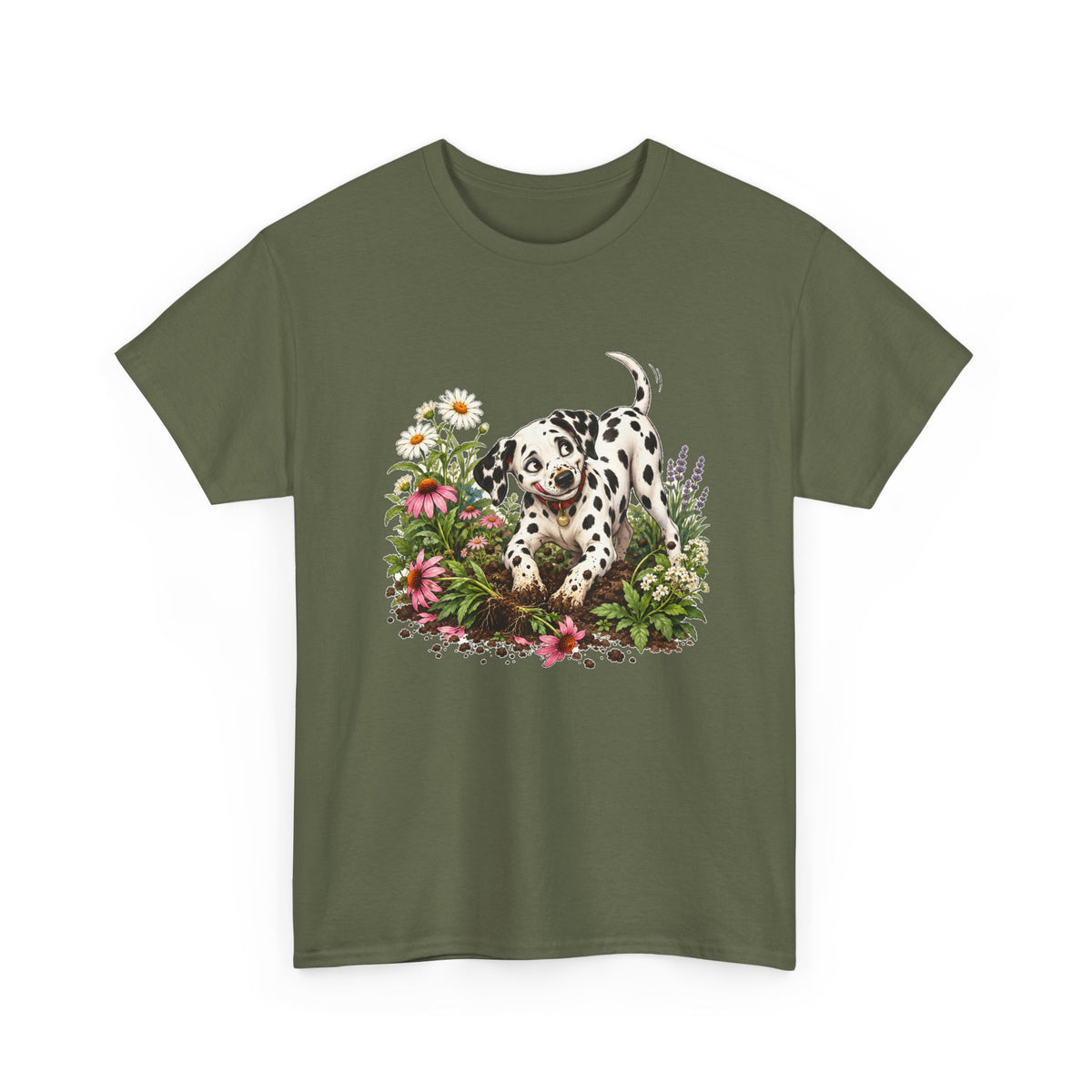 Dalmatian Digging Garden T-Shirt Funny Puppy Flower Dirt Dog Lover Tee