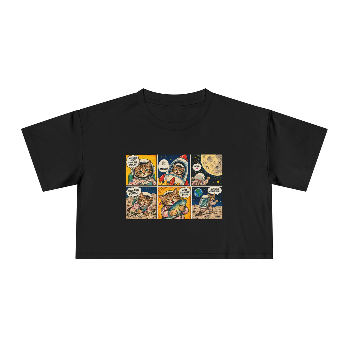 Astronaut Cat Comic Crop Tee, Space Cat Moon Mission Fish Funny Comic Strip Women's Cropped T-Shirt