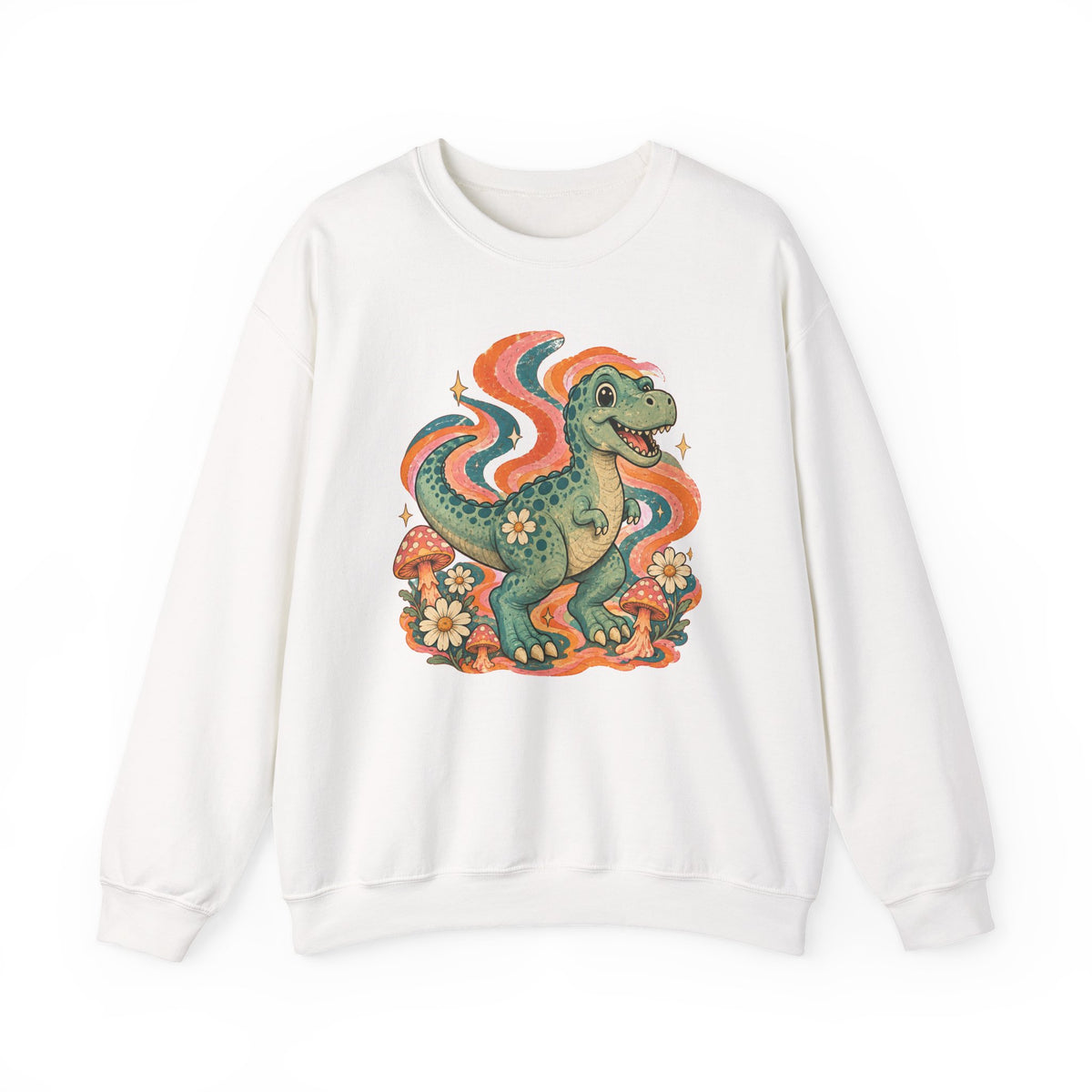 Groovy T-Rex Sweatshirt Retro 70s Dinosaur Mushroom Daisy Crewneck