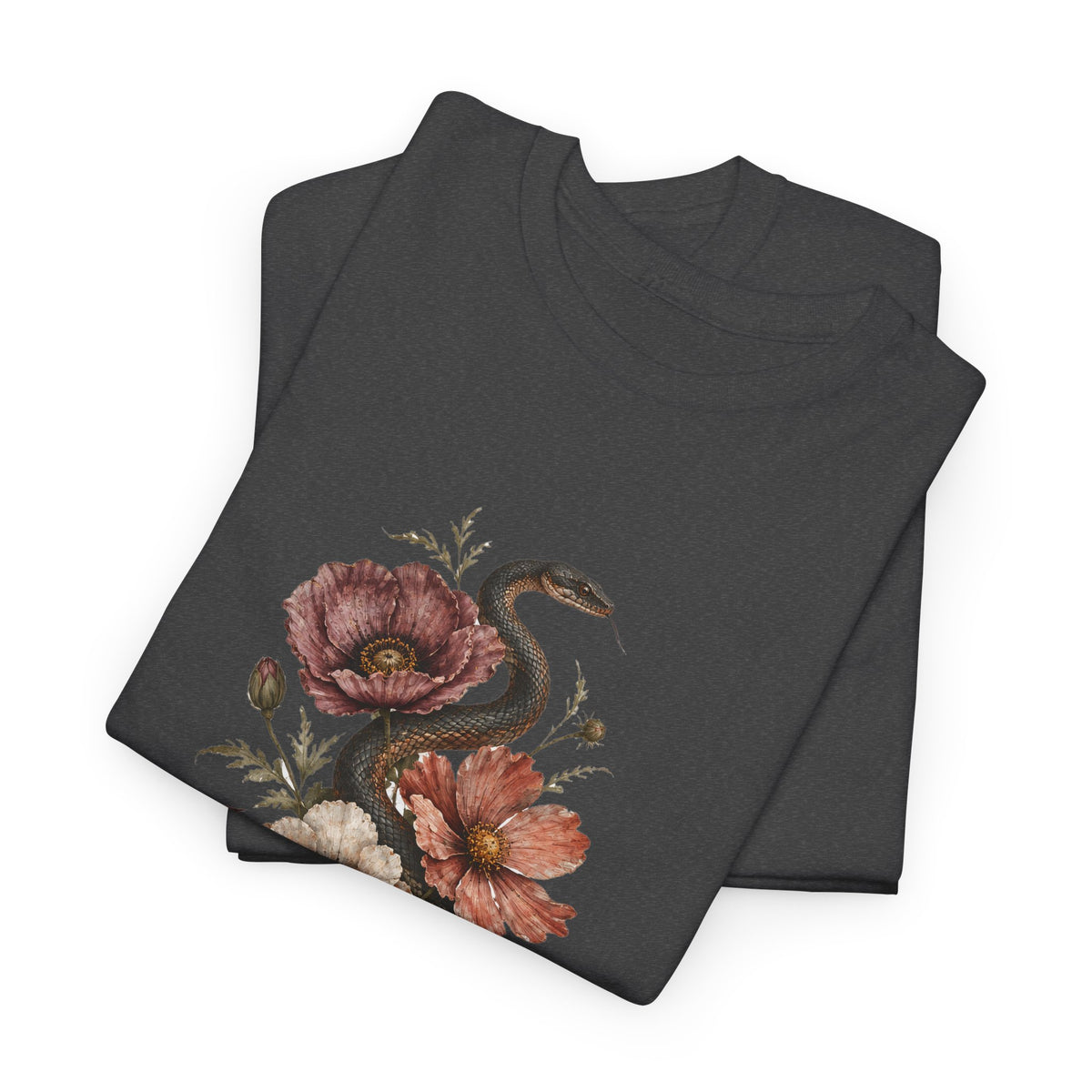 Snake and Poppies T-Shirt Vintage Botanical Serpent Flower Tattoo Style Tee