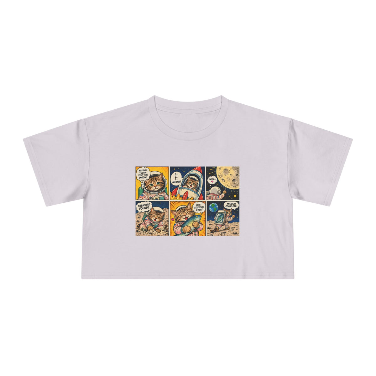 Astronaut Cat Comic Crop Tee, Space Cat Moon Mission Fish Funny Comic Strip Women's Cropped T-Shirt
