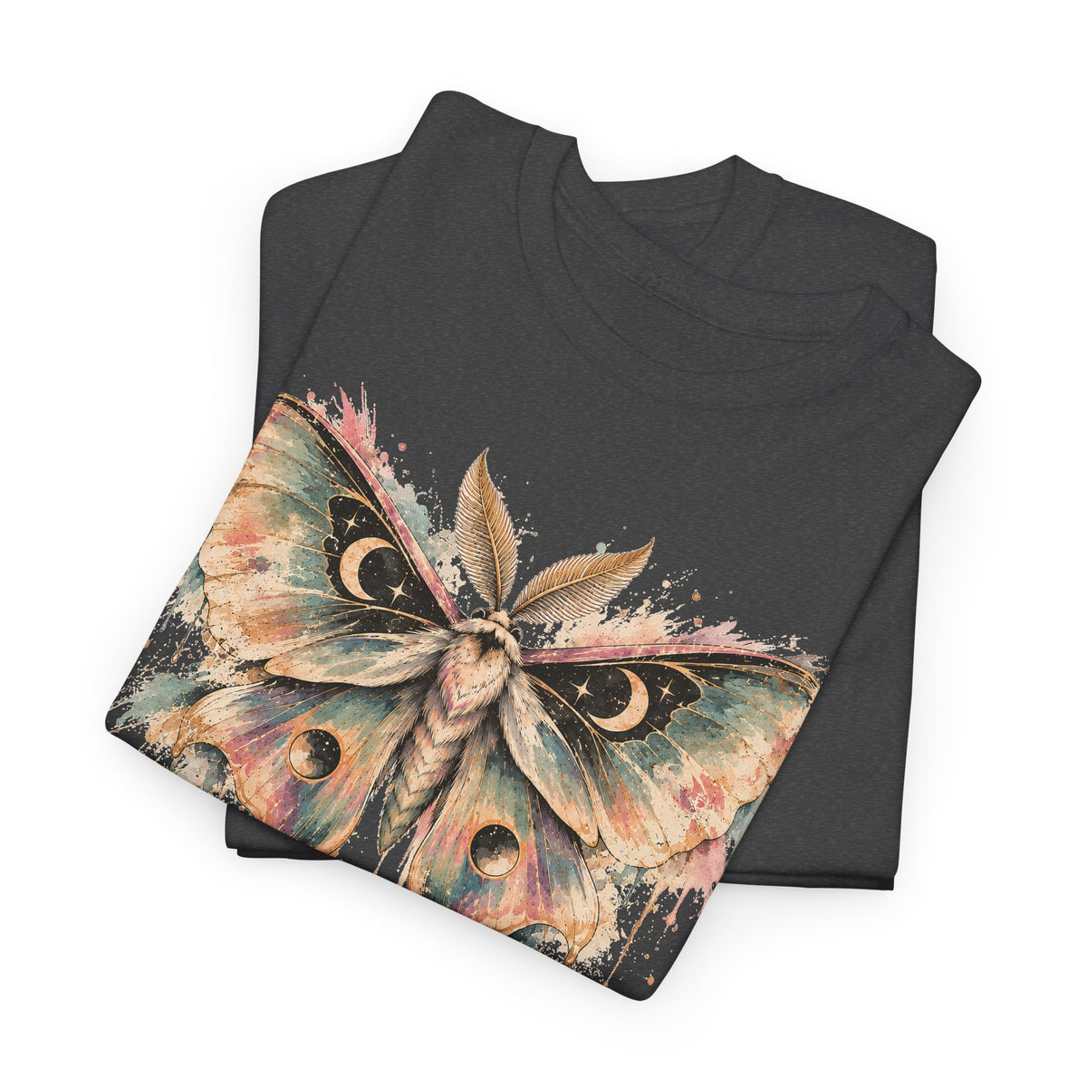 Celestial Luna Moth T-Shirt, Pastel Watercolor Moth Crescent Moon Stars Paint Drip Graphic Tee Unisex