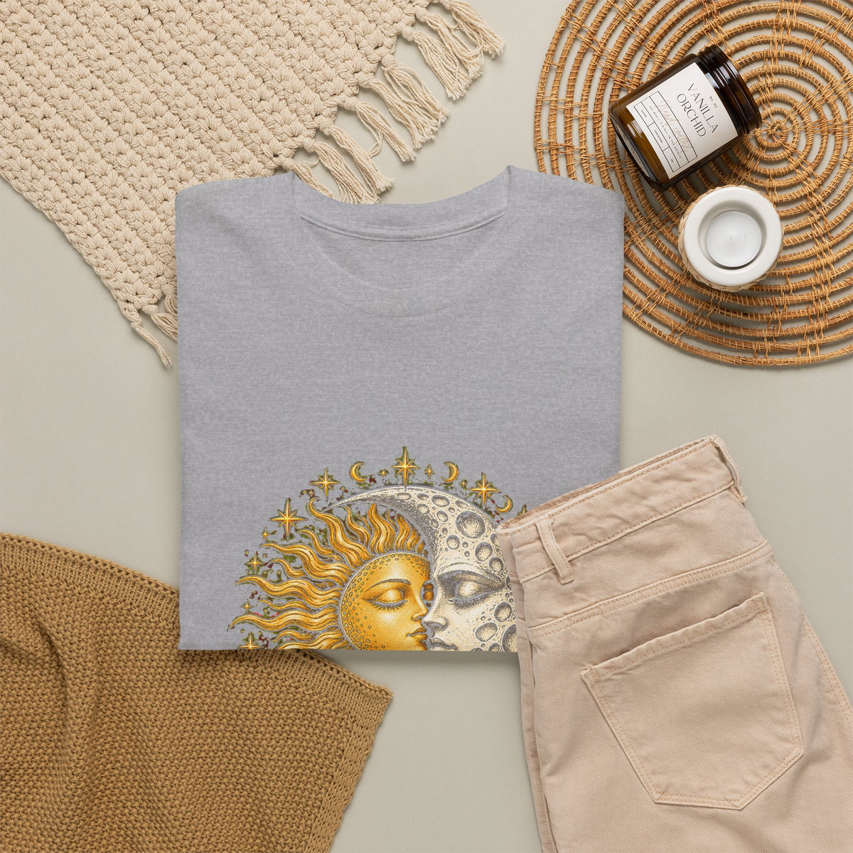 Celestial Sun and Moon Kiss T-Shirt Gold Silver Stars Romance Woodcut Tee