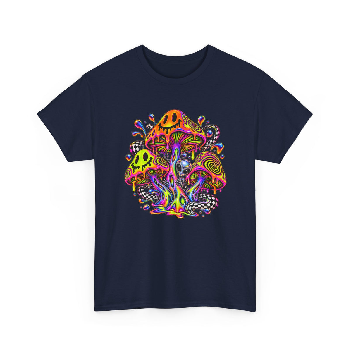 Neon Smiley Mushrooms T-Shirt Acid Alien Trippy Psychedelic Tee