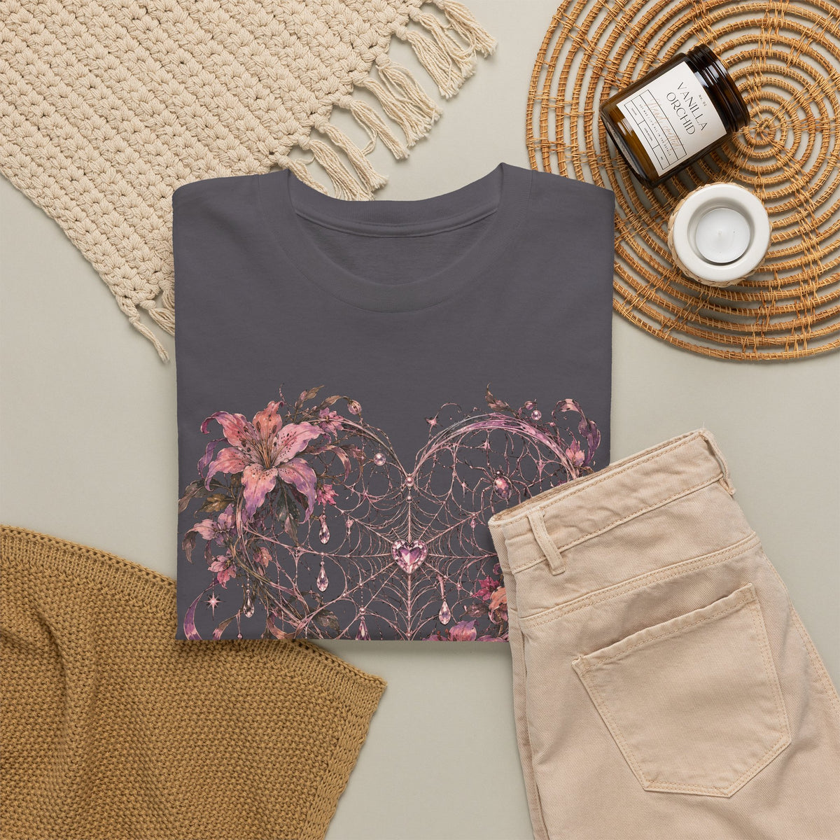 Gothic Spiderweb Heart T-Shirt Pink Lilies Crystal Pastel Goth Graphic Tee