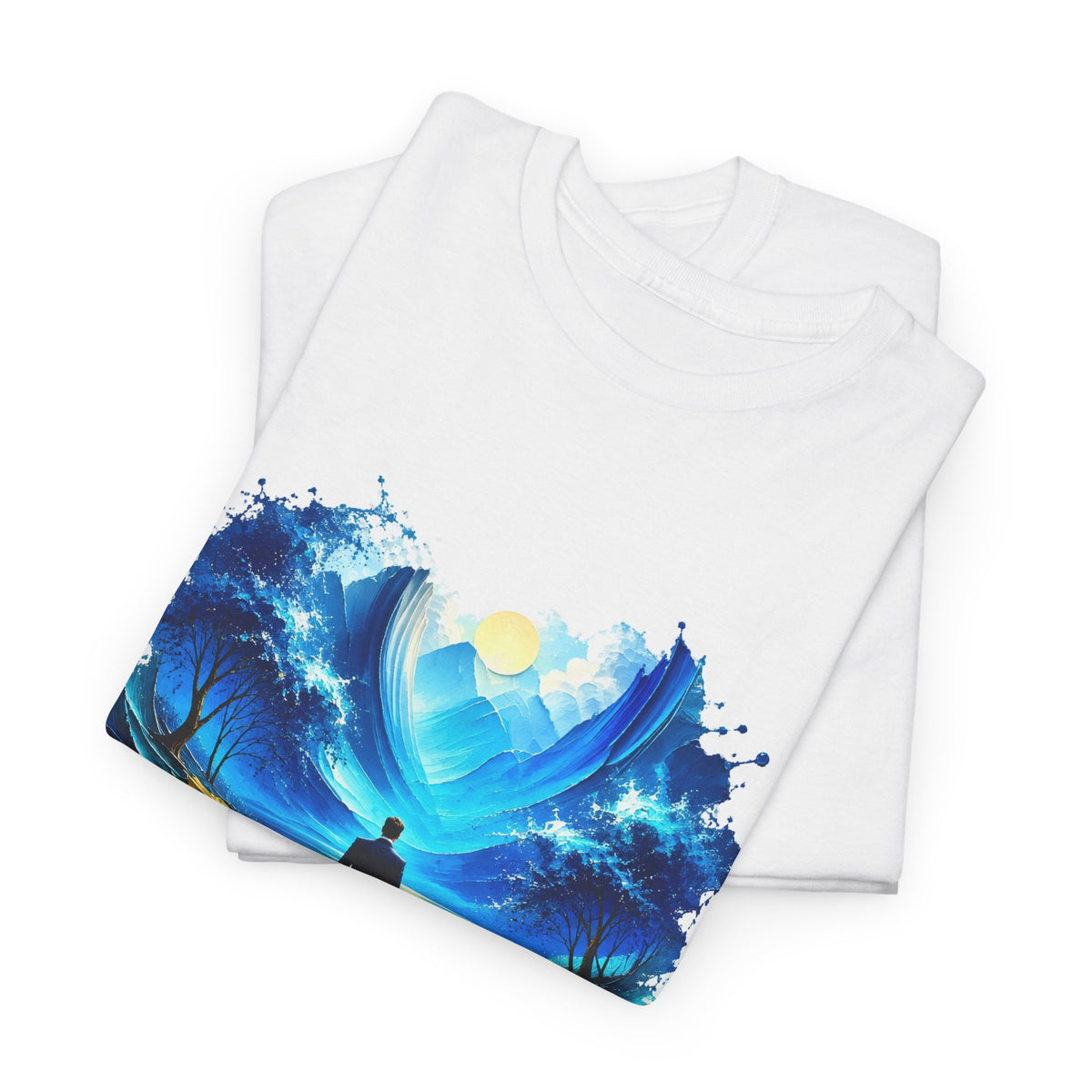Blue Dreamscape Wanderer T-Shirt Man Walking on Water Toward the Sun Paint Splash Art