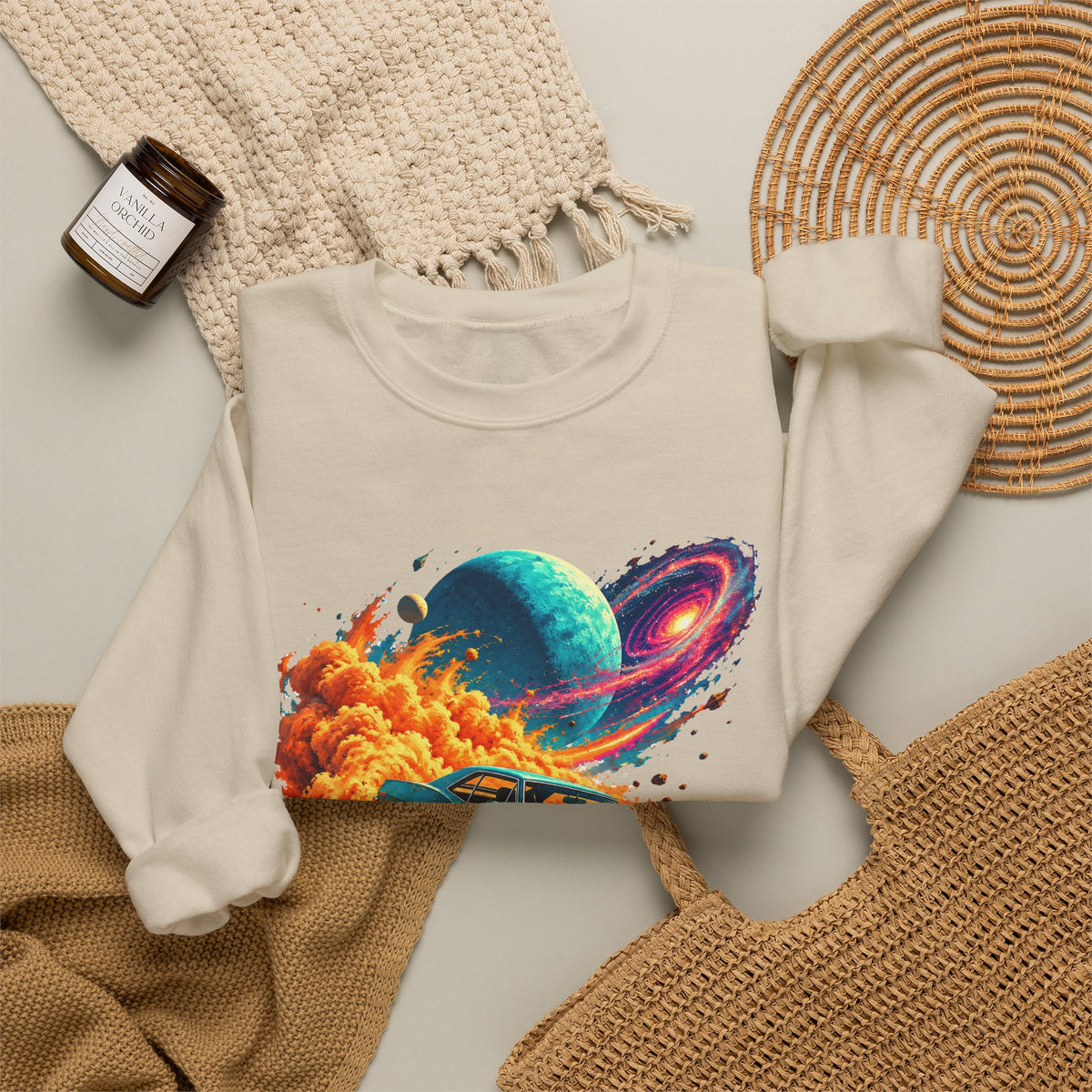 Cosmic Muscle Car Drift Crewneck Sweatshirt Teal Classic Car Orange Dust Planet Galaxy Art
