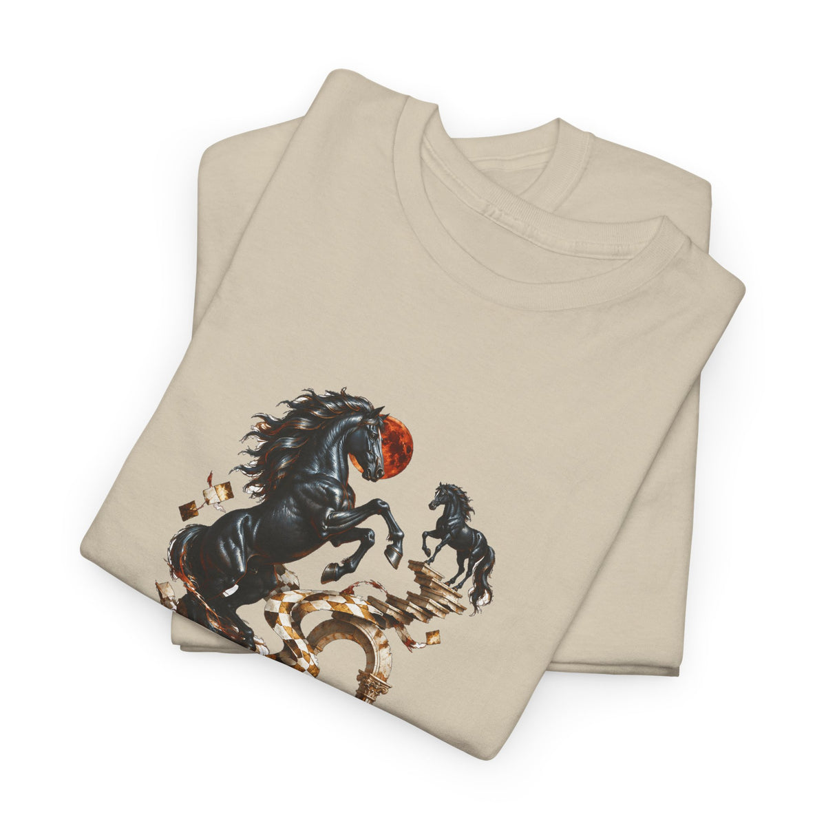 Surreal Black Horses Chess Fantasy T-Shirt Rearing Stallions Stairs Moon Tee