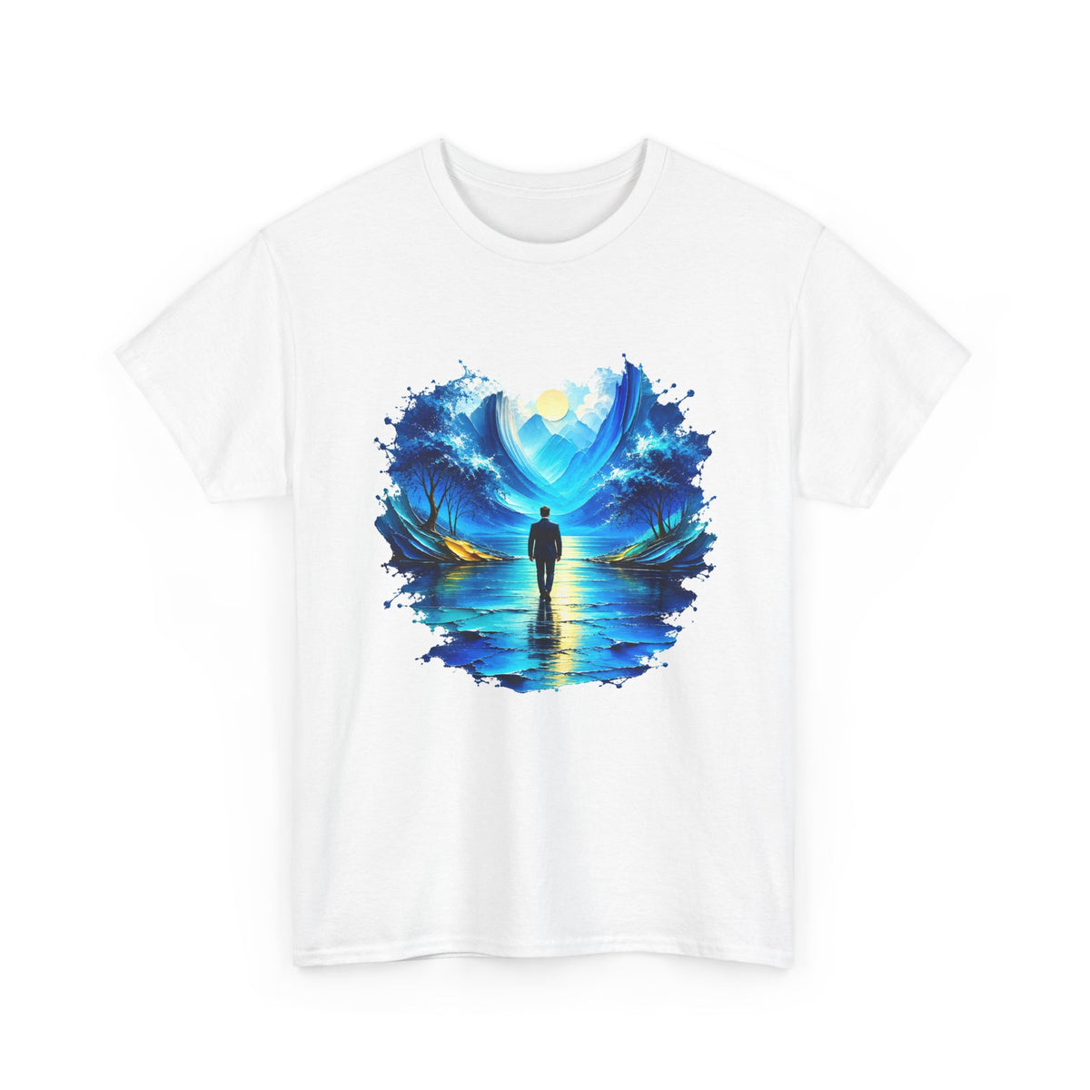 Blue Dreamscape Wanderer T-Shirt Man Walking on Water Toward the Sun Paint Splash Art