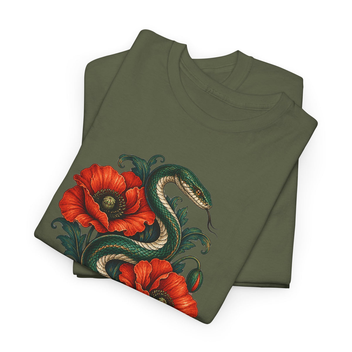 Green Snake Red Poppies T-Shirt Botanical Serpent Floral Tee