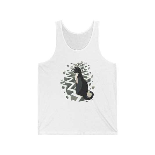 Tuxedo Cat 3D Maze Tank Top Black and White Cat Surreal Labyrinth Art
