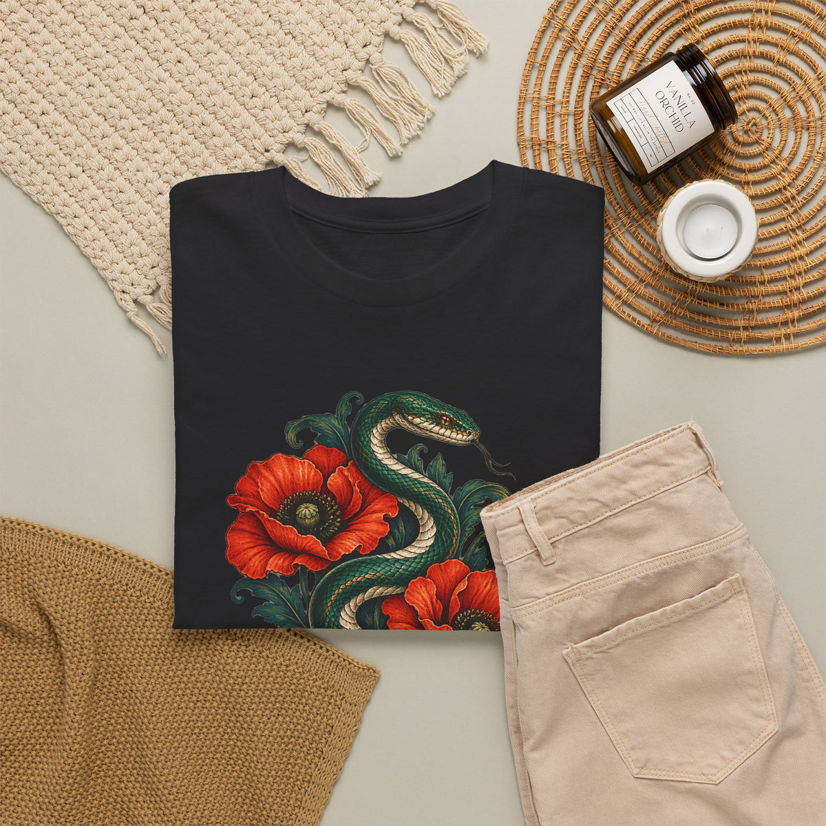 Green Snake Red Poppies T-Shirt Botanical Serpent Floral Tee