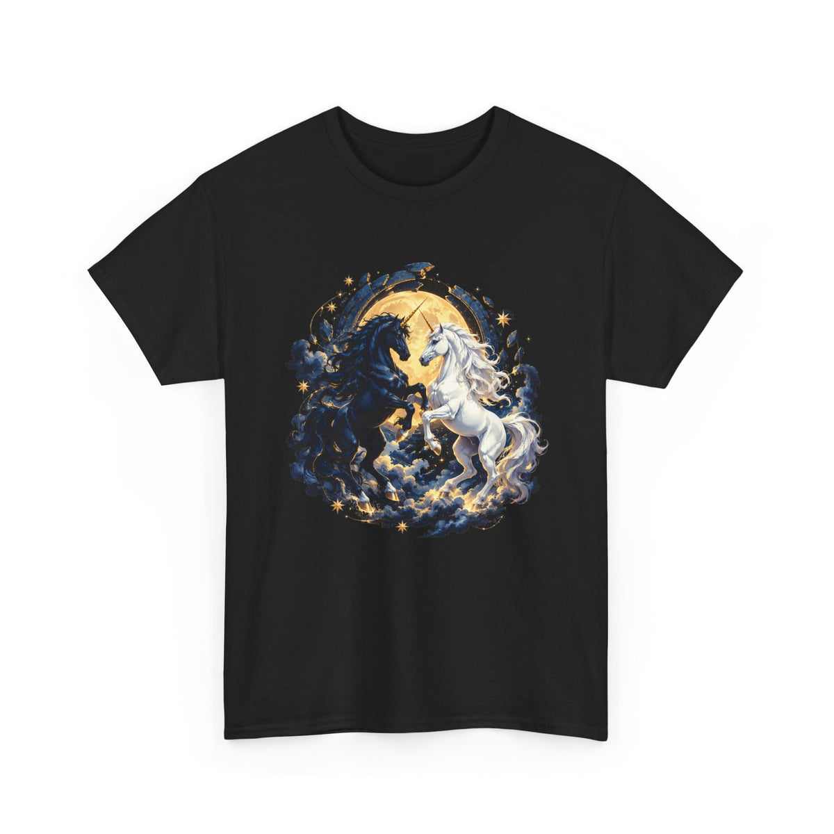 Black and White Unicorns T-Shirt Gold Moon Fantasy Unicorn Art