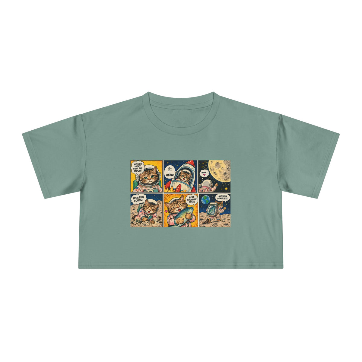 Astronaut Cat Comic Crop Tee, Space Cat Moon Mission Fish Funny Comic Strip Women's Cropped T-Shirt