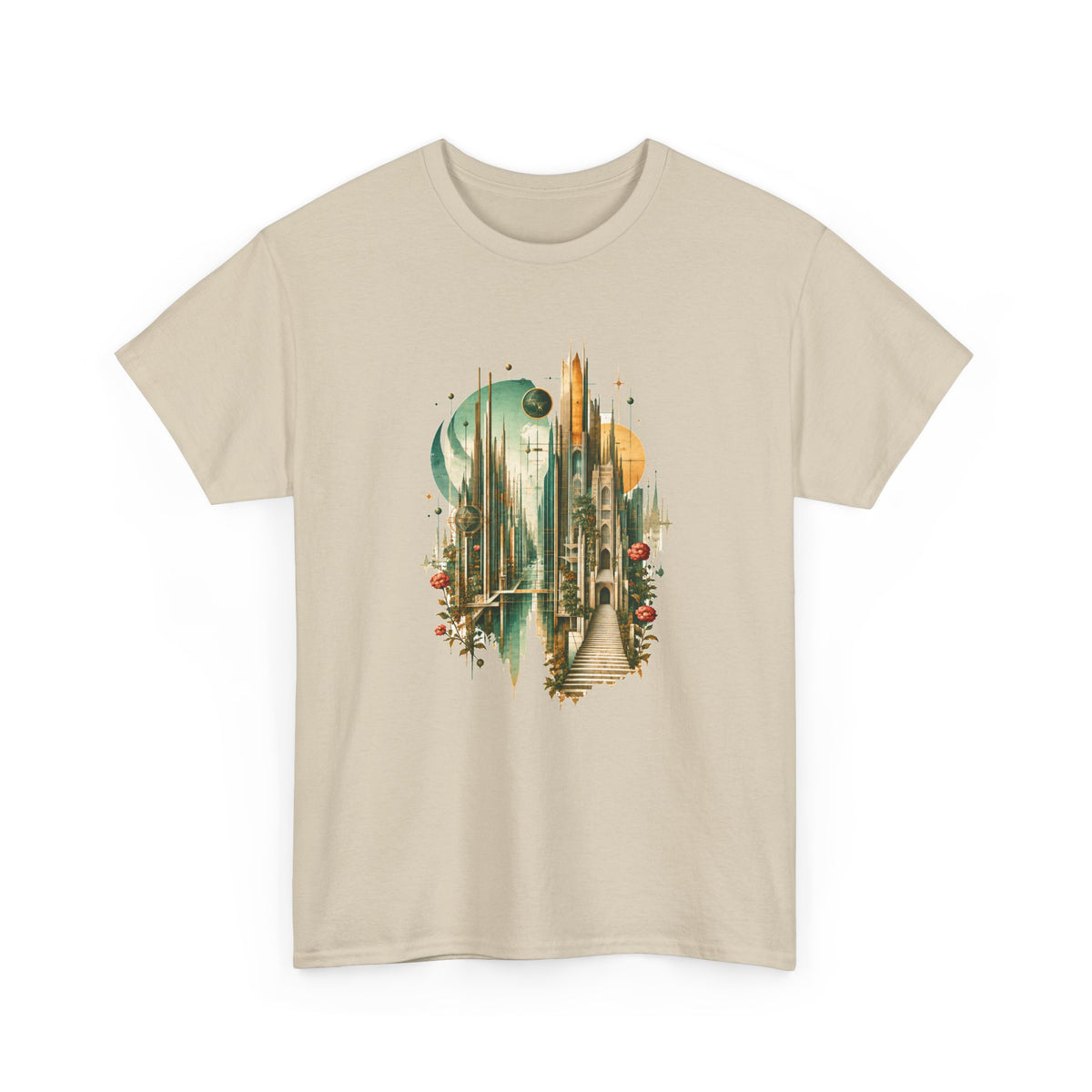 Art Deco Emerald City T-Shirt Gold Fantasy Skyline Roses Stairway Art