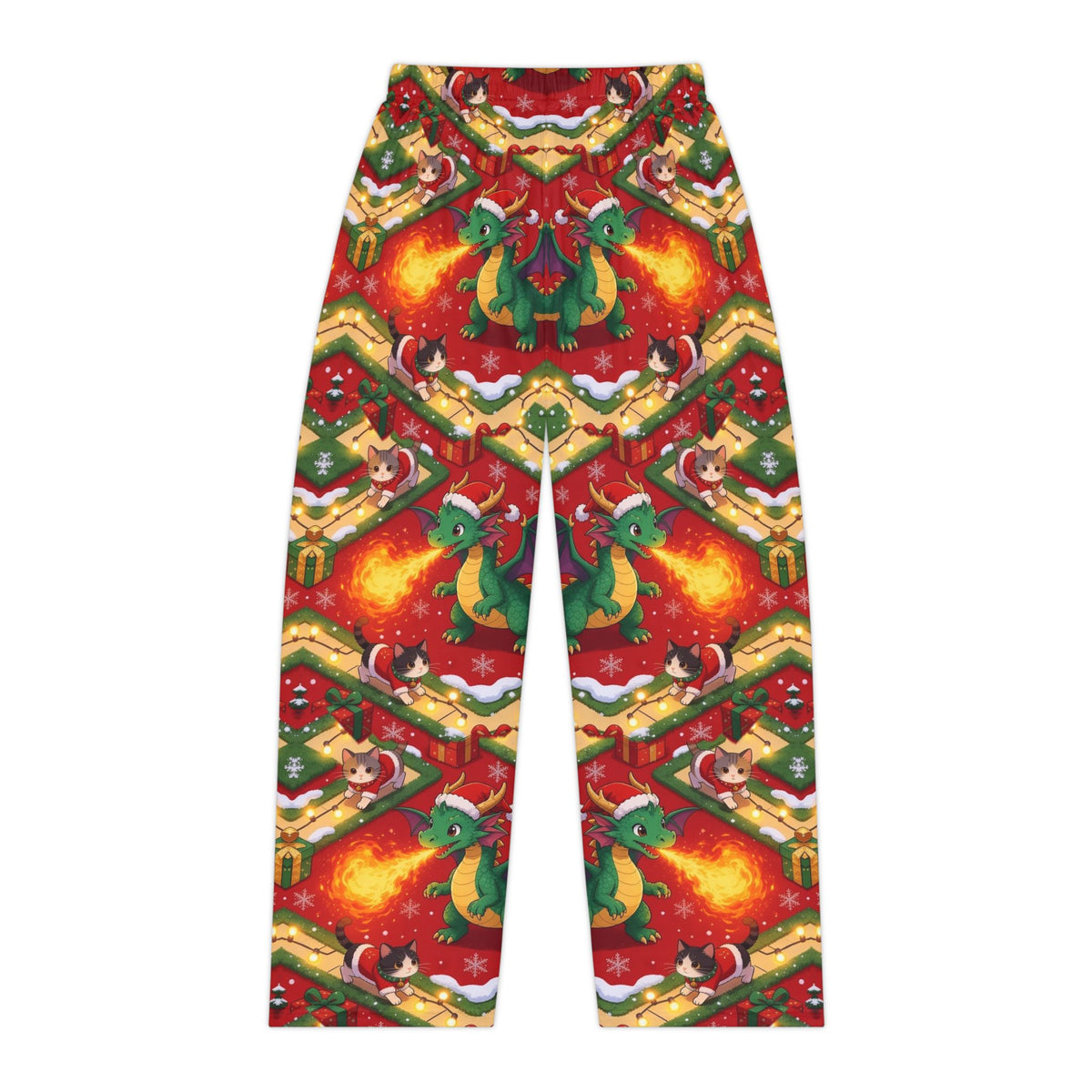 Green Christmas Dragon Kittens Pajama Pants Women Lounge Pants