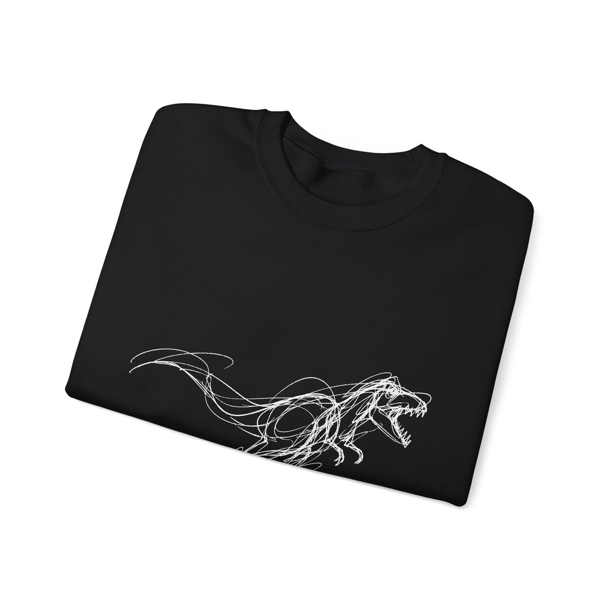 Sketchy White T-Rex on Black Sweatshirt Loose Ink Dinosaur Line Art