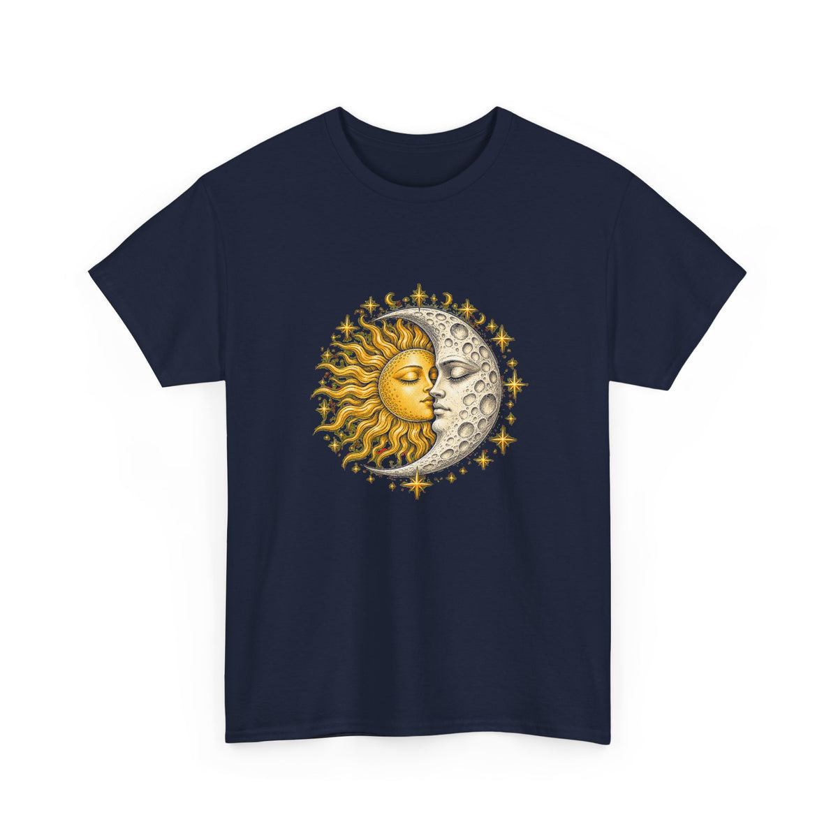 Celestial Sun and Moon Kiss T-Shirt Gold Silver Stars Romance Woodcut Tee