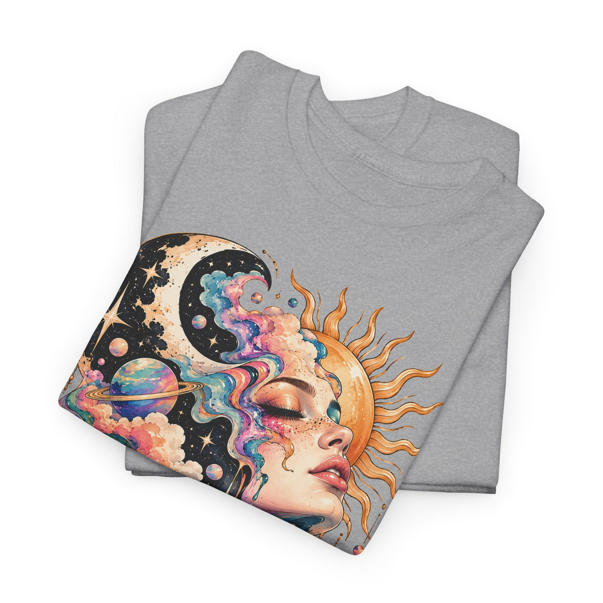 Celestial Sun and Moon Woman T-Shirt, Pastel Cloud Hair Melting Drip Planets Stars Graphic Tee Unisex