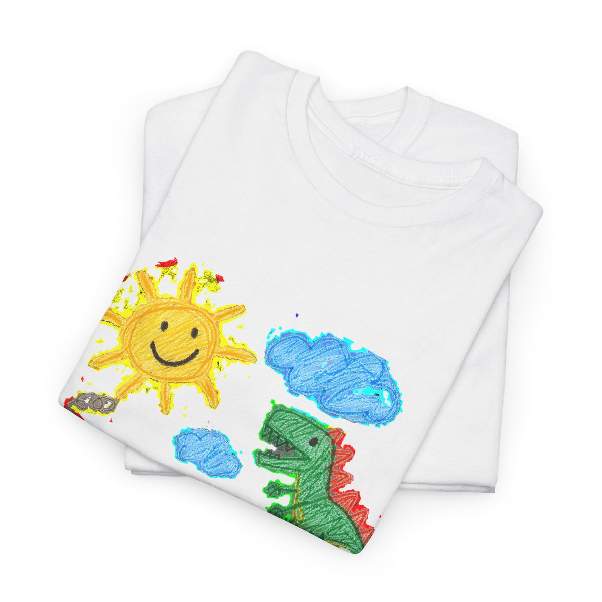 Kids Crayon Drawing T-Shirt Dinosaur Dog Sun House Cute Childlike Art Tee