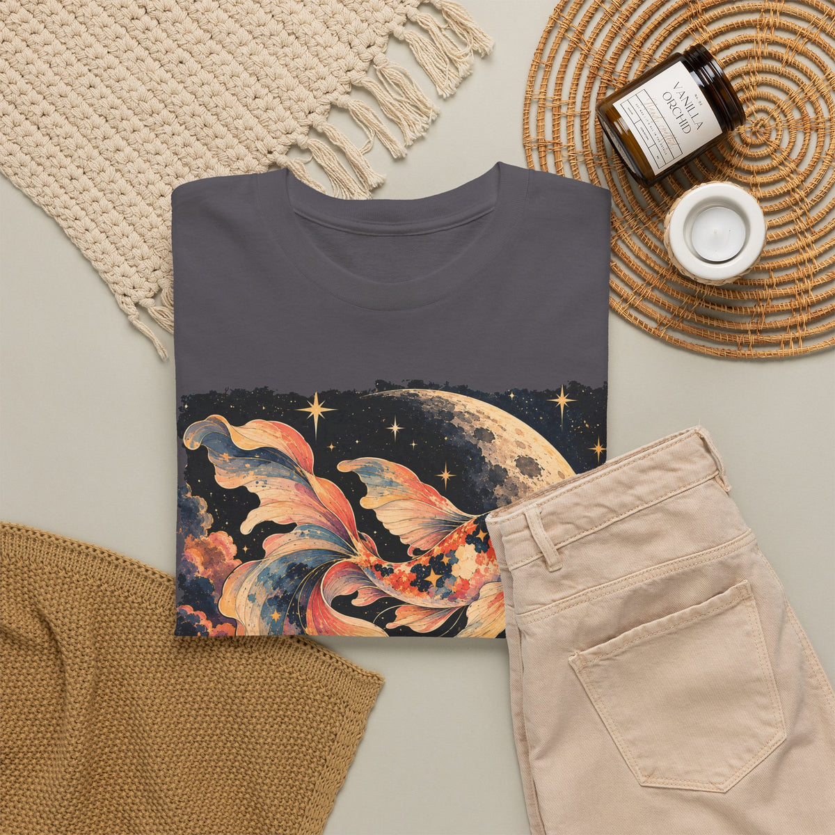 Koi Fish Moon T-Shirt Celestial Koi Night Sky Full Moon Graphic Tee Unisex