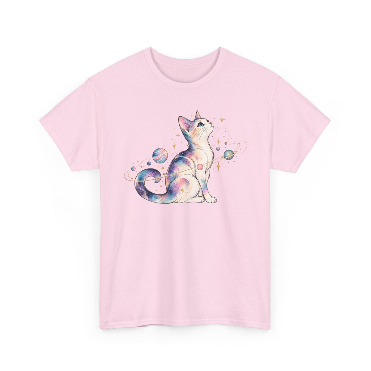 Cosmic Galaxy Cat T-Shirt, Pastel Watercolor Cat Planets Gold Stars Celestial Graphic Tee Unisex