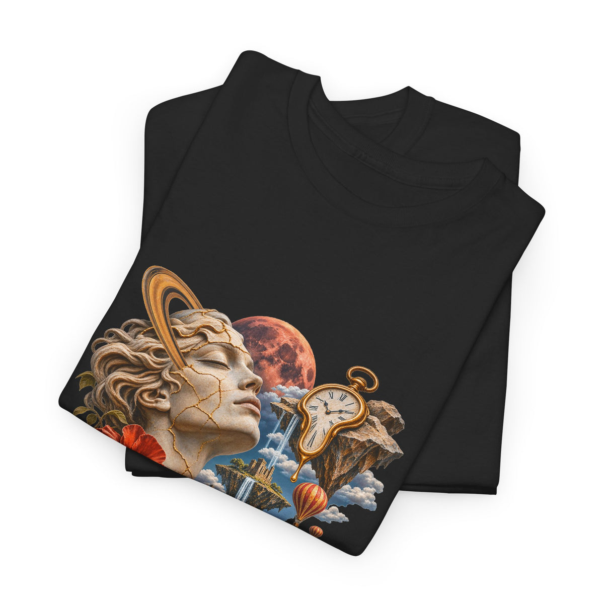 Surreal Kintsugi Bust T-Shirt Melting Clock Floating Islands Celestial Tee