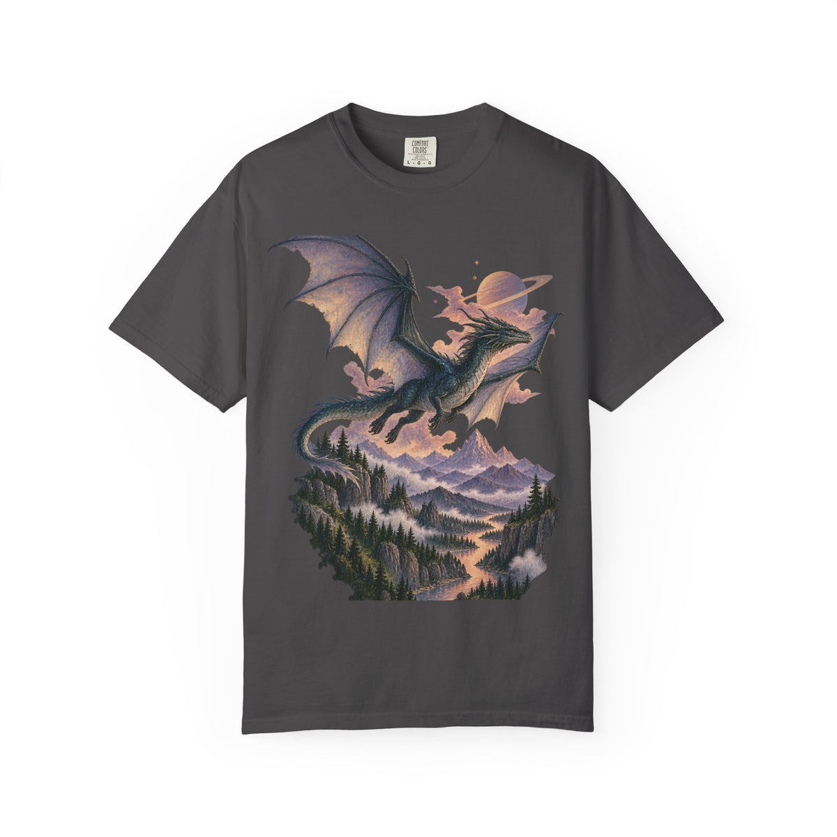 Celestial Dragon Over Forest Tee Fantasy Ringed Planet Mountain Shirt