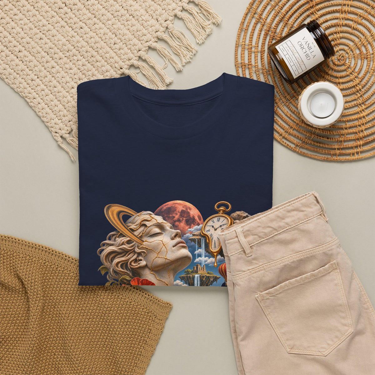 Surreal Kintsugi Bust T-Shirt Melting Clock Floating Islands Celestial Tee