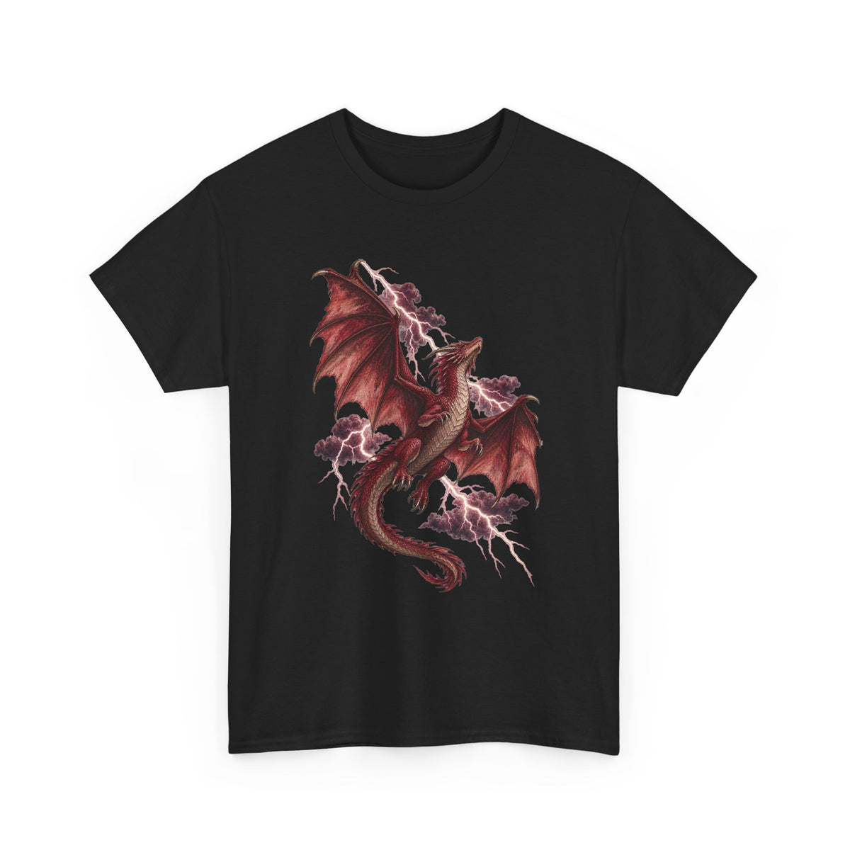 Red Lightning Storm Dragon T-Shirt Crimson Dragon Pink Lightning Purple Storm Clouds Fantasy Tee