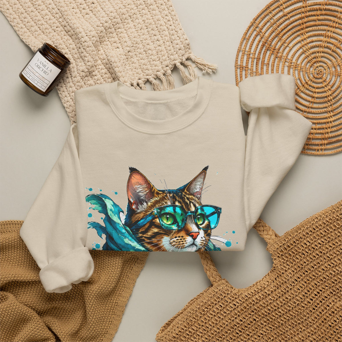 Tabby Cat in Glasses and Scarf Crewneck Sweatshirt Cool Hipster Cat Teal Splash Art