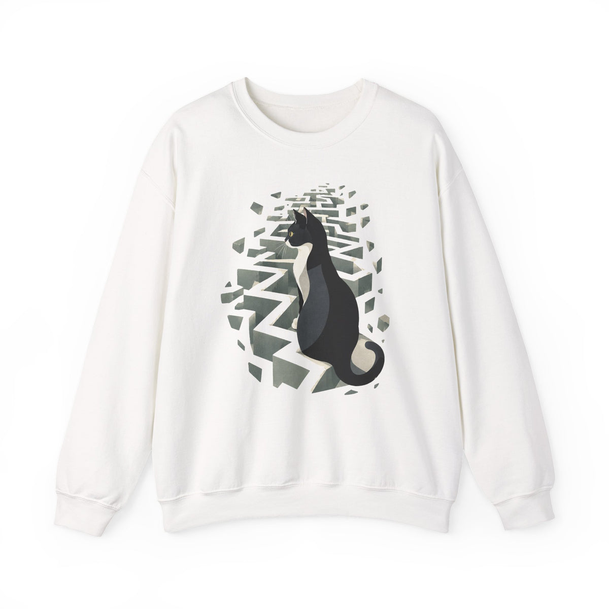 Tuxedo Cat 3D Maze Crewneck Sweatshirt Black and White Cat Surreal Labyrinth Art