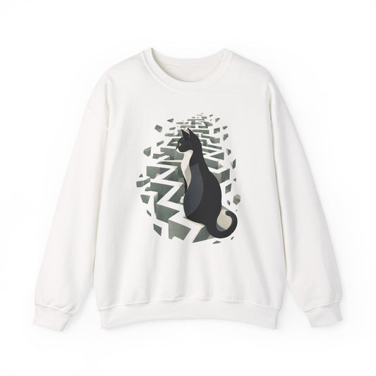 Tuxedo Cat 3D Maze Crewneck Sweatshirt Black and White Cat Surreal Labyrinth Art