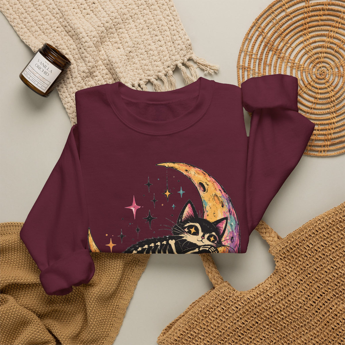 Skeleton Cat Moon Sweatshirt Pastel Goth Crescent Moon Black Cat Crewneck