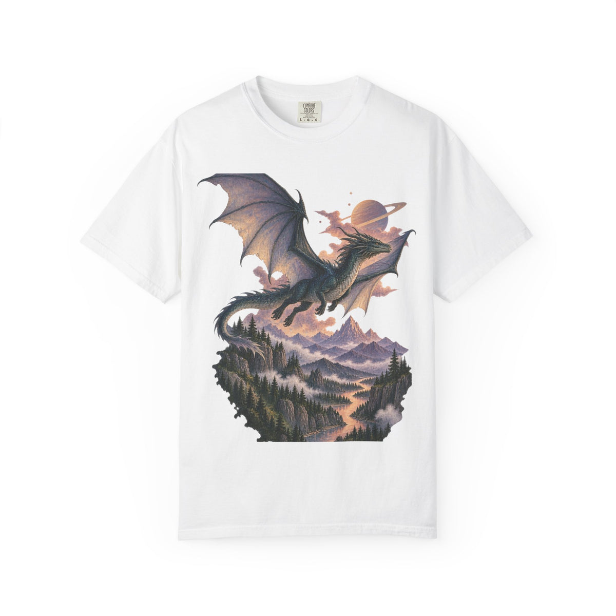 Celestial Dragon Over Forest Tee Fantasy Ringed Planet Mountain Shirt