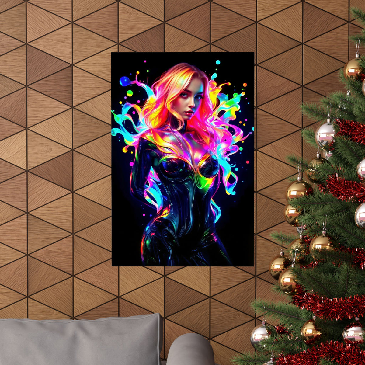 Neon Splash Rainbow Hair Woman Poster Matte Vertical Wall Art