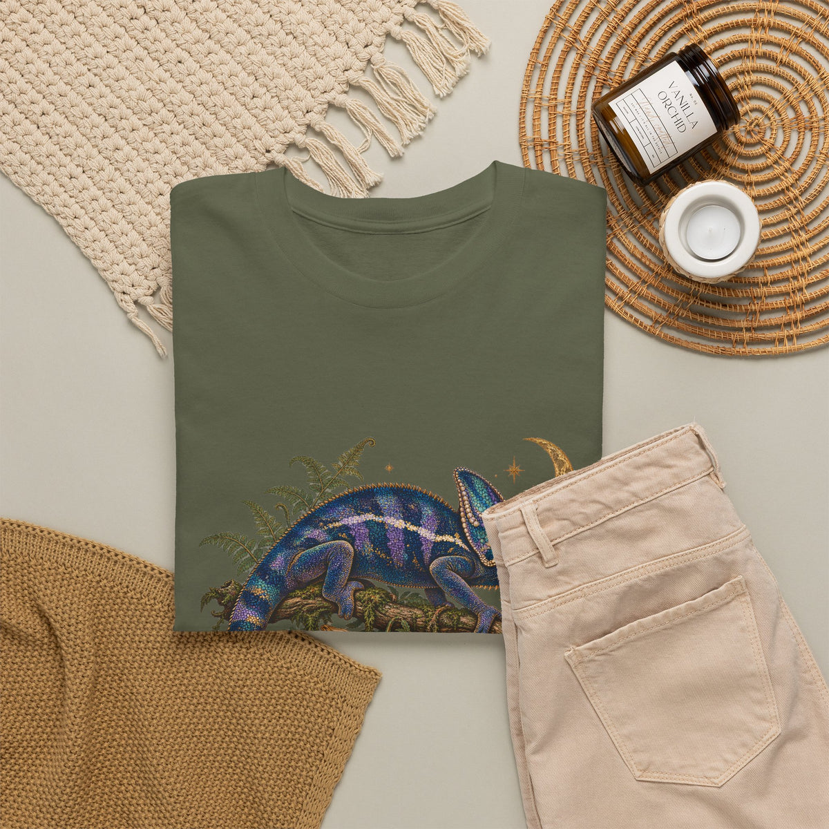 Night Bloom Chameleon T-Shirt Celestial Crescent Moon Ferns Reptile Tee