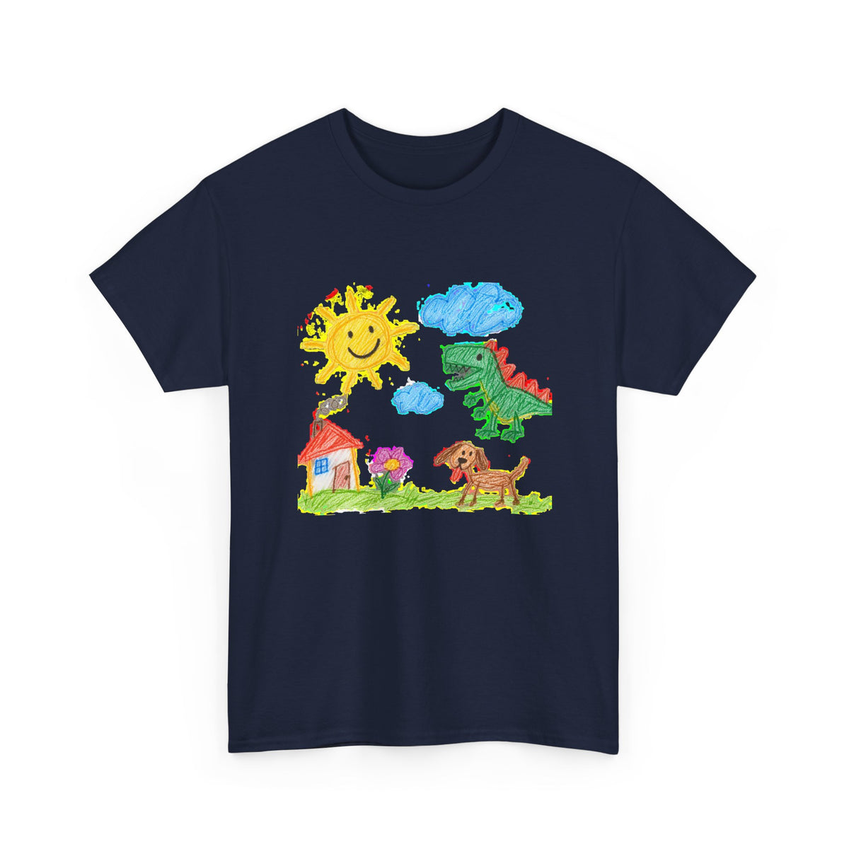 Kids Crayon Drawing T-Shirt Dinosaur Dog Sun House Cute Childlike Art Tee