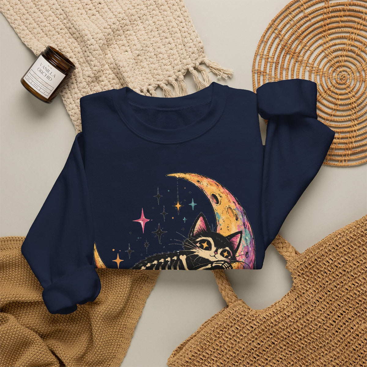 Skeleton Cat Moon Sweatshirt Pastel Goth Crescent Moon Black Cat Crewneck