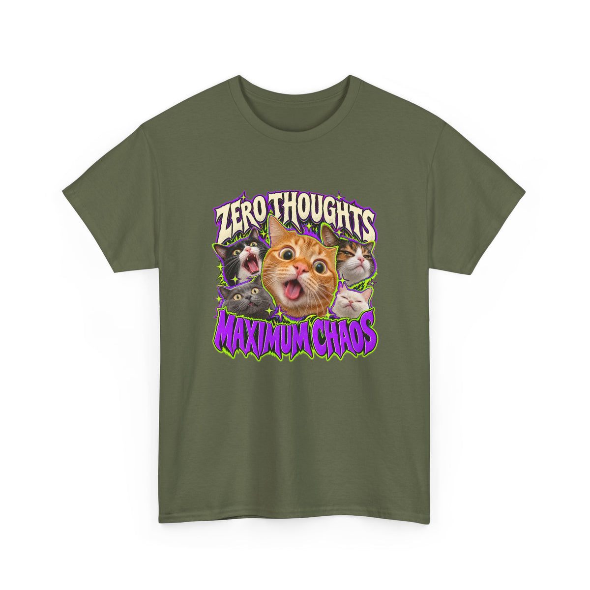 Zero Thoughts Maximum Chaos T-Shirt Funny Cat Heads Meme Tee