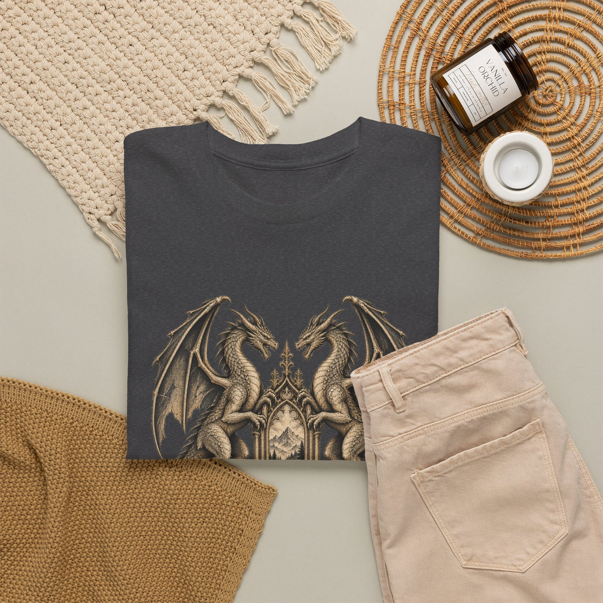 Twin Dragons Gate T-Shirt Fantasy Mountain Portal Dragon Tee