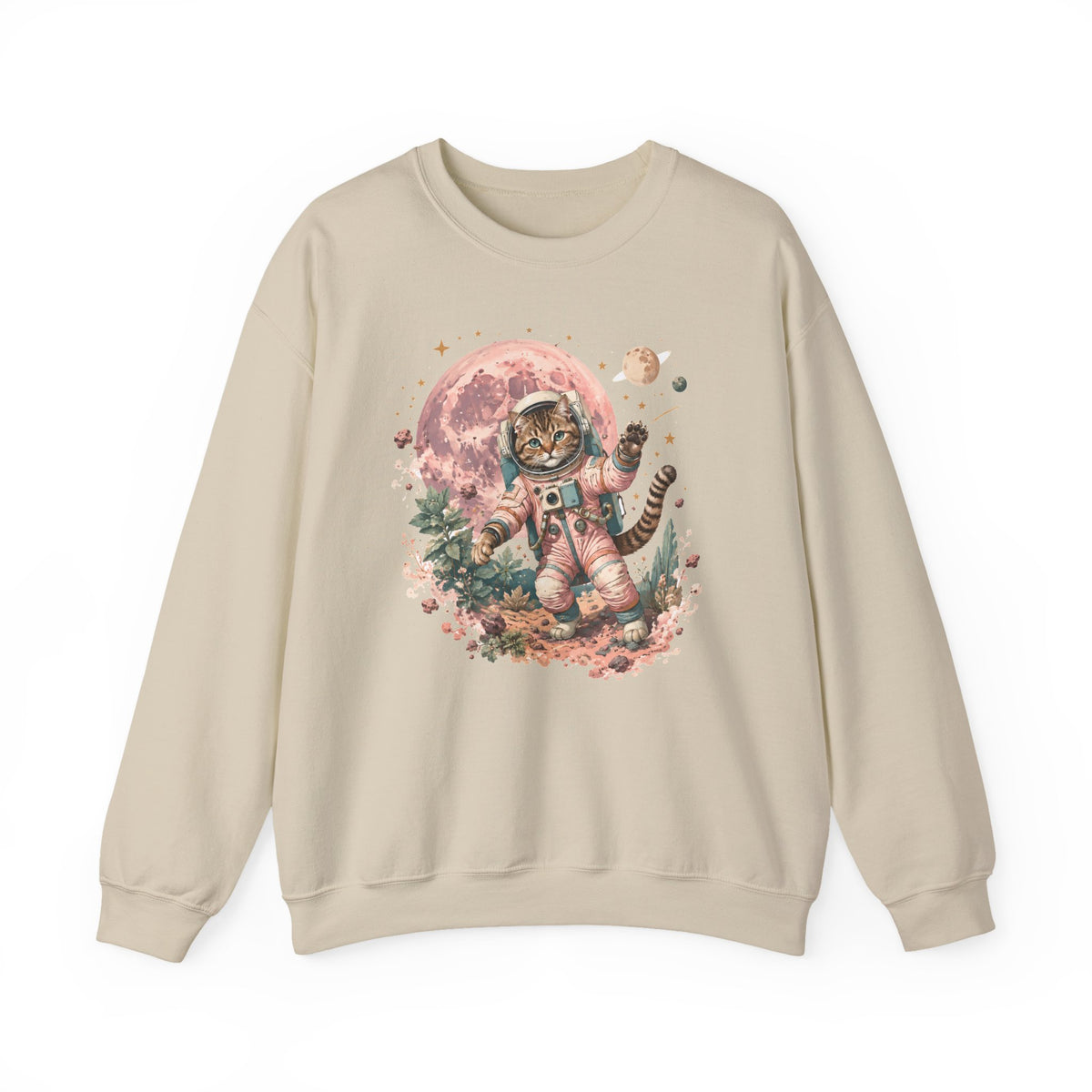 Tabby Cat Astronaut Sweatshirt Pastel Pink Moon Space Cat Waving Crewneck