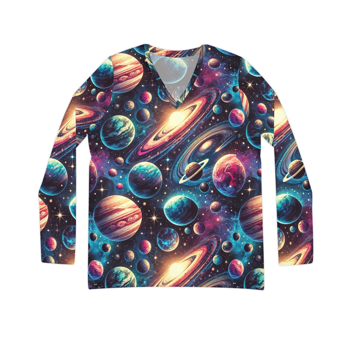 Space planets Women's Long Sleeve V-neck Shirt (AOP)