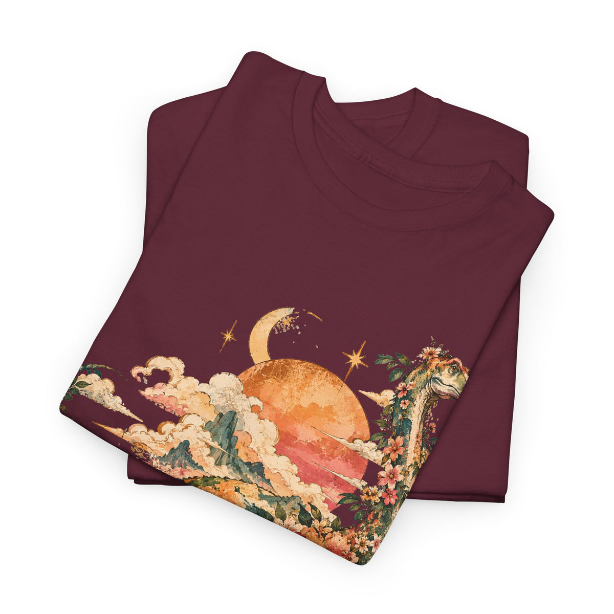 Floral Dinosaur T-Shirt, Vintage Brontosaurus Sunset Mountains Graphic Tee Unisex Nature Shirt
