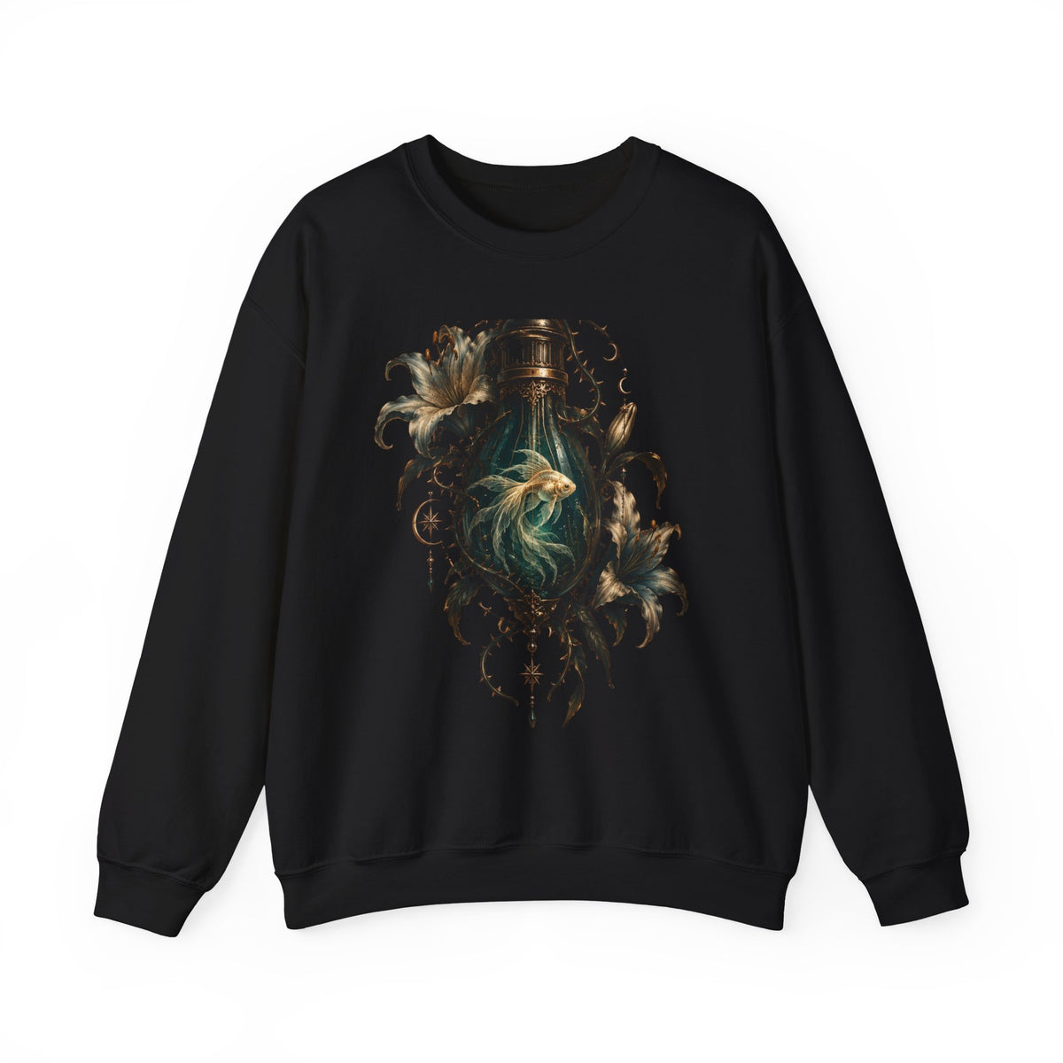 Gothic Lantern Goldfish Sweatshirt, Dark Fantasy Glowing Lantern Crewneck