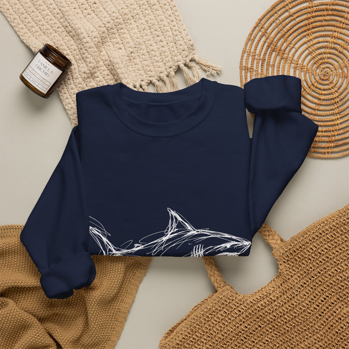 Sketchy White Shark on Black Sweatshirt Minimal Ocean Line Art