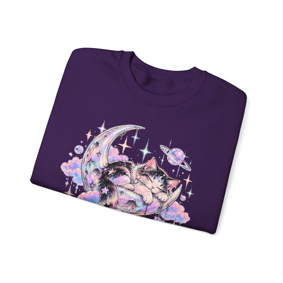 Sleeping Cat on Crescent Moon Sweatshirt Pastel Kawaii Celestial Kitten Crewneck