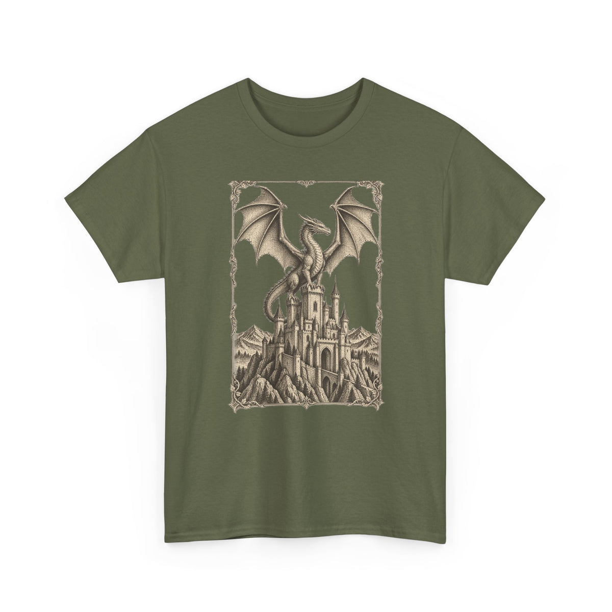 Gothic Dragon Castle T-Shirt Fantasy Stipple Ink Dragon Keep Tee