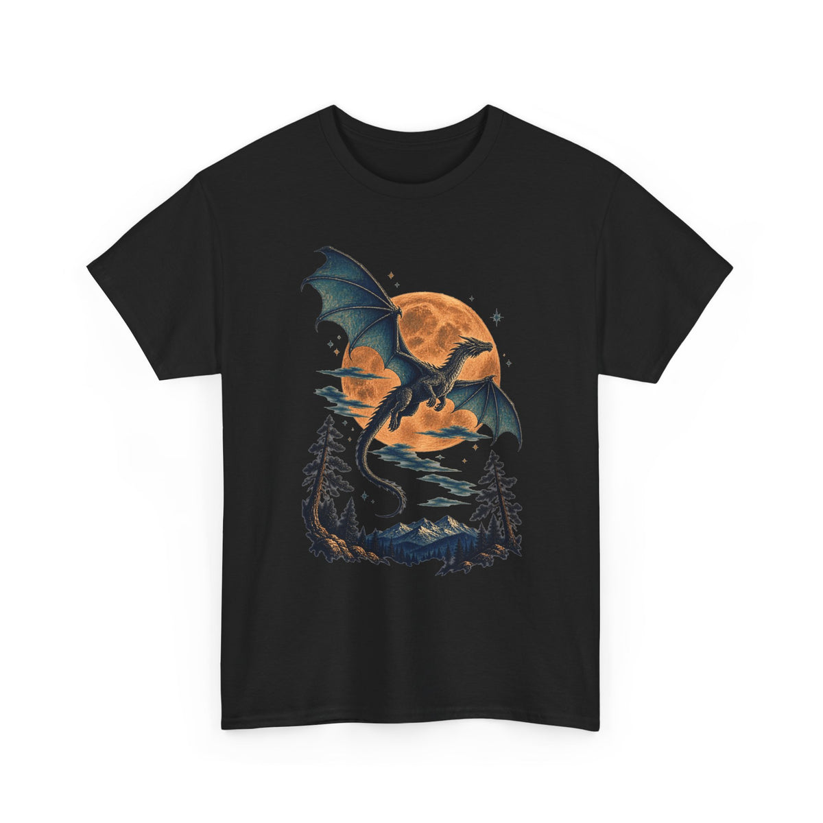 Dragon Full Moon Pine Forest T-Shirt Woodcut Fantasy Dragon Orange Moon Mountains Tee