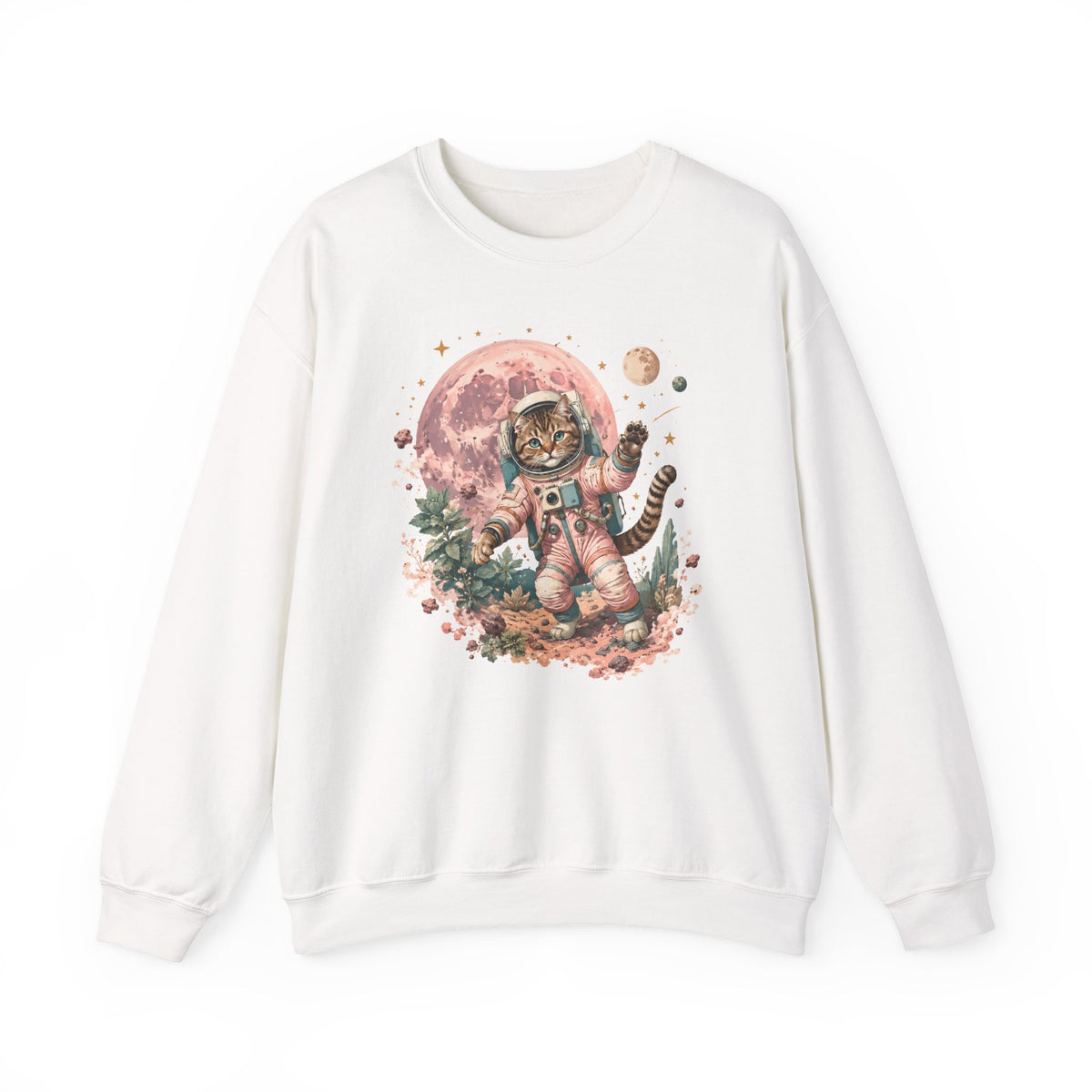 Tabby Cat Astronaut Sweatshirt Pastel Pink Moon Space Cat Waving Crewneck